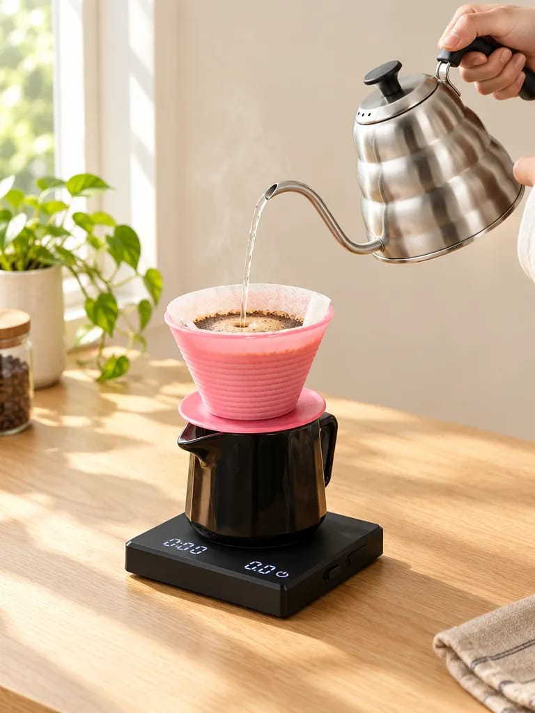 Pouring from the gooseneck kettle into the pour over dripper on the coffee scale